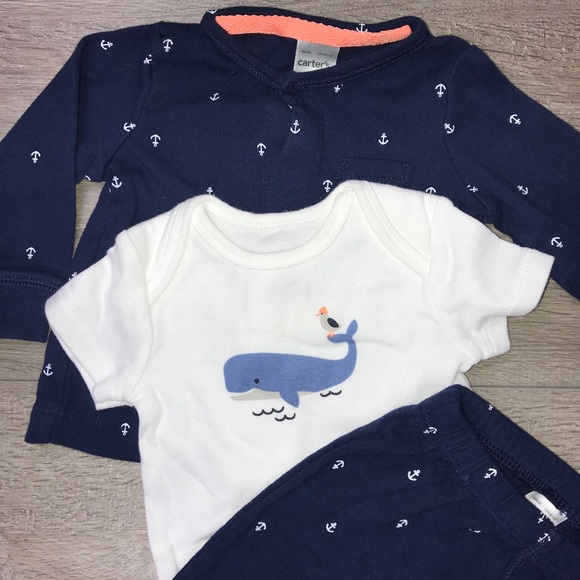 Carter’s 3 Piece Cardigan Set 3 Months Anchor Whale Navy Blue - Picture 6 of 9